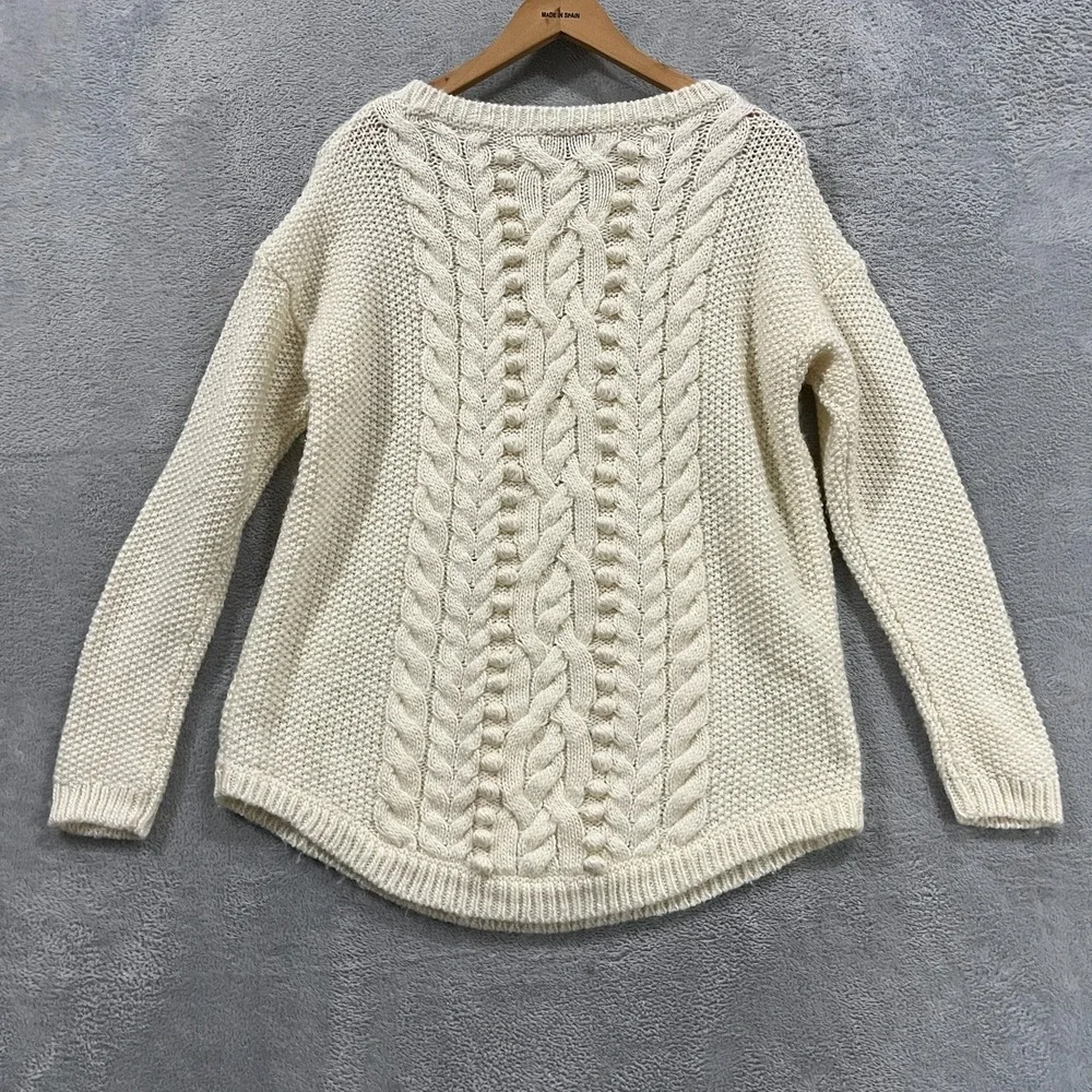 J Crew Sweater Womens Medium Cable Knit Ivory Wool Knit Fishermens‎ Pullover